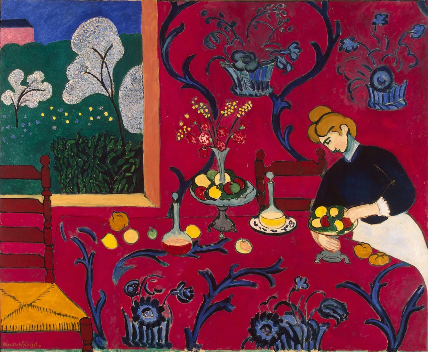 Henri Matisse, La Desserte rouge : une salle à manger entièrement rouge traversée d'arabesques bleues