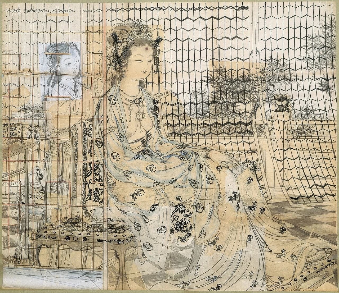Esquisse de Yang Guifei par Uemura Shōen : courtisane chinoise à l'encre et couleurs