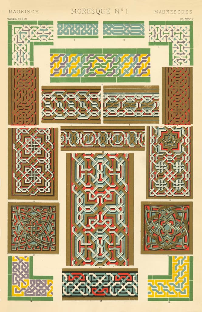 Planche d'ornements moresques de l'Alhambra : entrelacs géométriques polychromes reproduits par Owen Jones